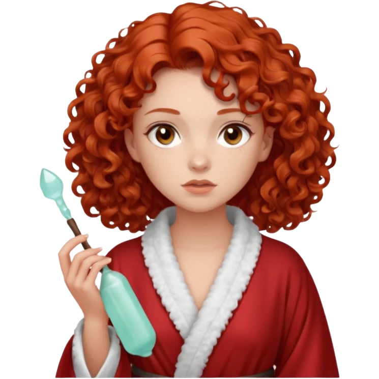 Cartoon emoji of a girl with voluminous curly red hair, fair skin, warm brown eyes. Wearing a chic milky silk robe with long sleeves, no makeup. Portrait mode, holding a gua sha, looking doubtful and unsure. Smooth, simple, stylized." emoji