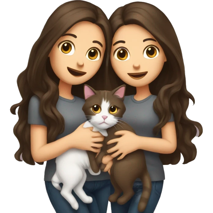 Two long hair brunettes with two cats in hands emoji