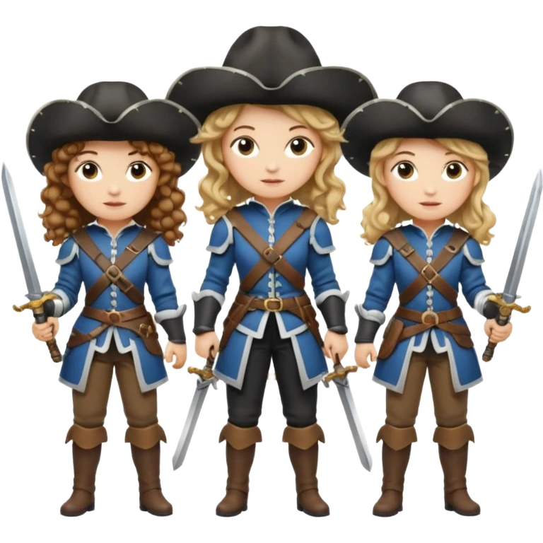 Three female musketeers ome with brown curly hair, one with blond one with blond in pony tail emoji