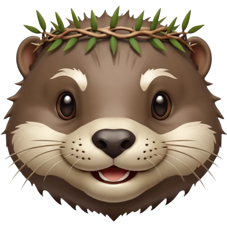really cute smiling joyful otter face in three-quarter profile view with simple thorny stem wrapped horizontally around its forehead like Jesus Christ's Crown of thorns, no crown shape on top, just thin spiky branches circling the forehead emoji