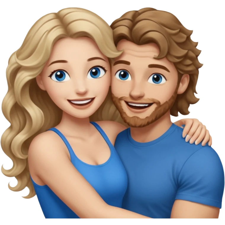 Women with blue eyes and very long, brown blond balayage curled hair in the arms of a man with strong arms a straight face, a very sexy man blue eyes. They are laughing at each other. He has short brown hair and is light skinned  emoji