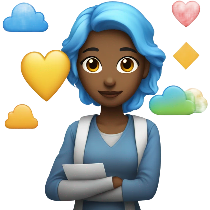 a developer girl with color palette, clouds, and a blue heart emoji