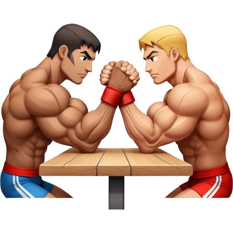 Two powerful arms locked in an intense arm wrestling competition. One arm is strong and steady, while the other strains to push back. The background shows a simple table with a focus on the clash of strength and determination. Transparent background. emoji