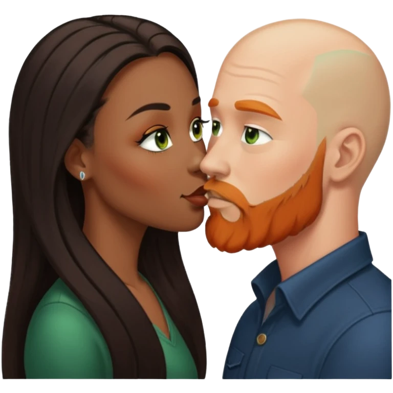 ebony black women with brown eyes and long balayage brown/black hair.  She is kissing bald white man. The White man is 47yrs old, pale, green eyes has orange facial hair and long beard  emoji