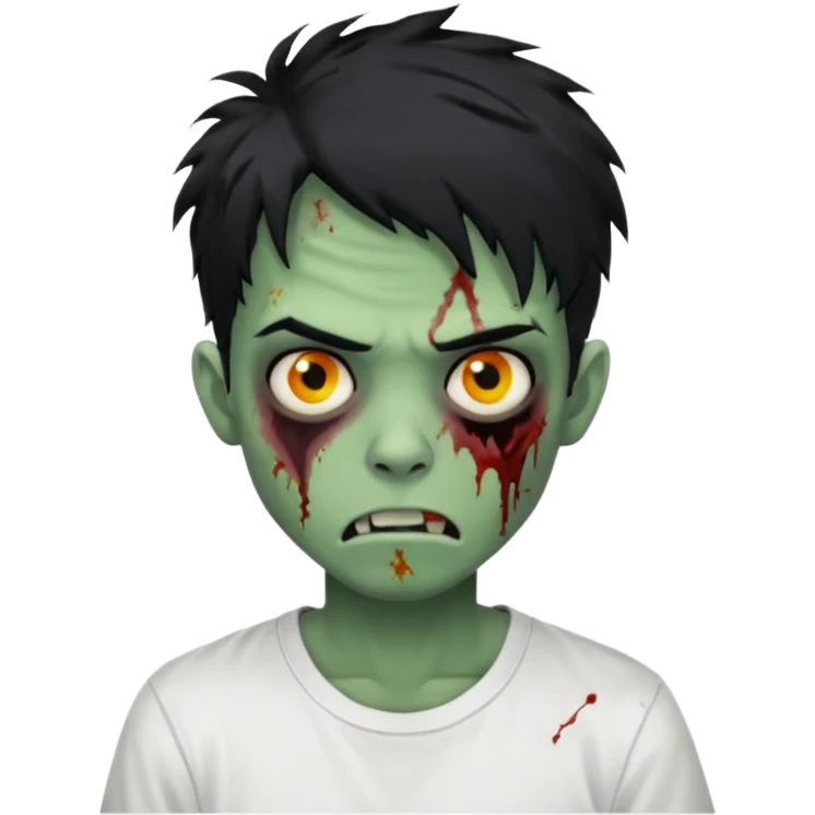 Rosto de frente classico de zombie boca meio torta cabelos medios grandes pretos bagunçados low fade com pele verde clara camiseta branca sem nenhum sangue no rosto e com cabelo bem adolescente e bagunçado emoji
