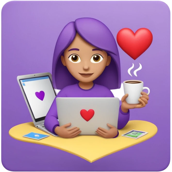3D clay character relaxed with laptop and coffee, floating icons (envelope, heart, dollar), purple (#8B5CF6) outfit, bright yellow (#FBBF24) icons, white laptop, Pixar style, transparent background emoji