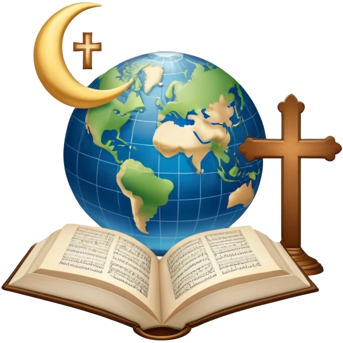 An icon featuring a Bible, The Quran, The Orthodox cross, a crescent moon, symbolizing the study of religions. The design includes diverse religious symbols and a globe, representing global beliefs and spiritual practices. Transparent background highlights the exploration of faiths and traditions. emoji