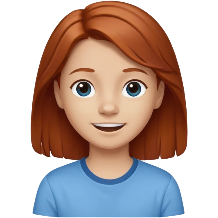 shrugging happy emoji tween long auburn hair light blue shirt with a darker blue L emoji