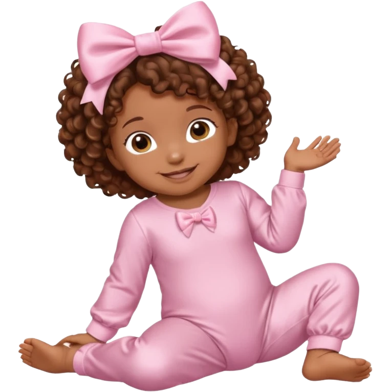 Brown skin baby with brown curly hair down laying down with satin baby pink onesie and white bow emoji