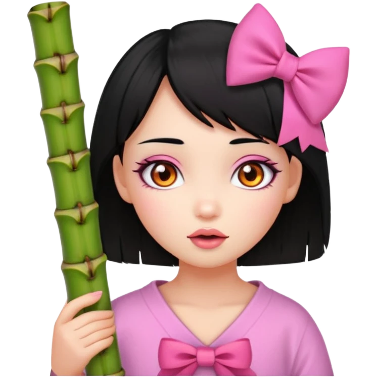 Girl with Black hair in the end orange, pink eyes, a Bamboo in the mouth and a Small pink bow on her hair emoji