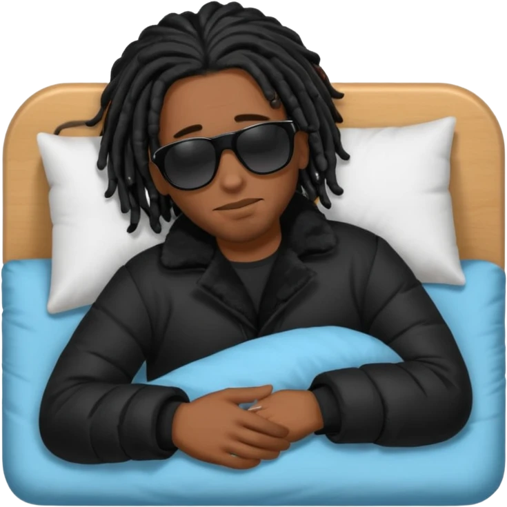 African American man with shoulder length black dreadlocks wearing black sunglasses with black bubble winter coat sleeping in bed emoji