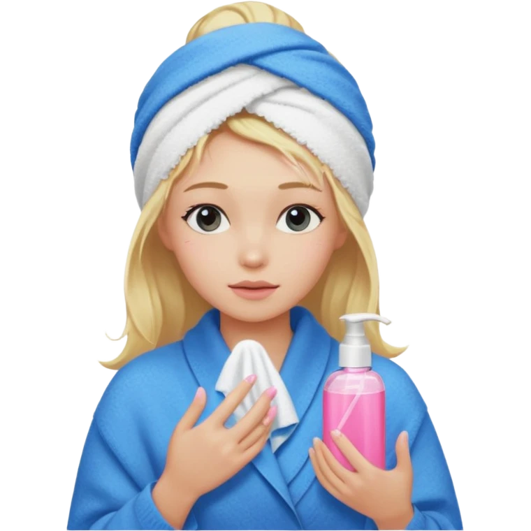A girl grabbing a pink serum with a towel in blonde hair with a white shower towel in her hair with skincare on her face dressed in a blue sweater emoji