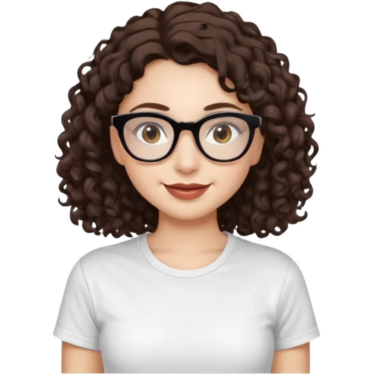I want to describe me. I am a girl with brown hair amd curly hair. I have brown eyes and black glasses and long lashes with mascara. My lips are medium and my nose as well. I wear a white T-shirt. I am white skin with long curly hair emoji