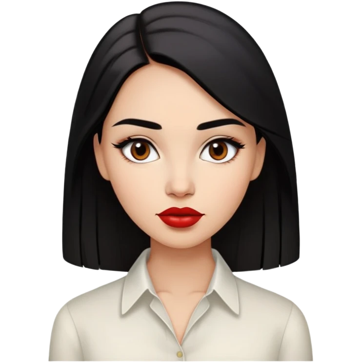 Young woman with oval face, high cheekbones, dark brown eyes, thick eyebrows, red lipstick, light brown skin, long straight black hair, wearing a white blouse emoji