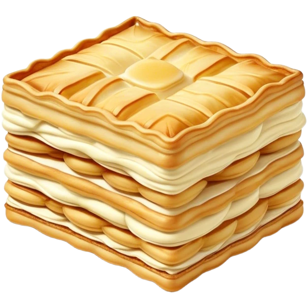 Mille-feuille Cinematic Realistic Mille-Feuille Dessert Emoji, depicted as a delicate pastry composed of two crisp layers of puff pastry with a rich cream filling, rendered with intricate textures and elegant, soft lighting. emoji