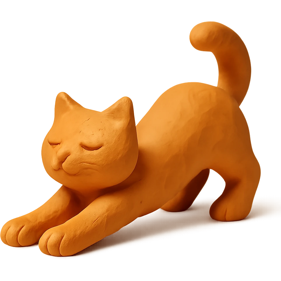 cat stretching with visible fingerprints and matte finish in claymation style emoji