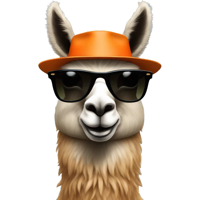 a llama wearing a orange hat and black rayban shades emoji
