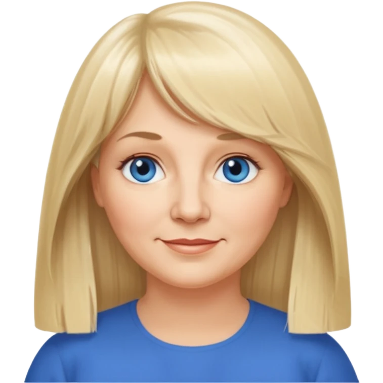 50 yr old white woman, curtain bangs, very long straight blond hair, oval face, small smile, blue eyes, slightly chubby face emoji