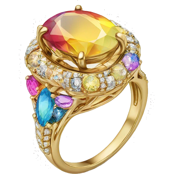 Gold engagement ring with colorful stone emoji