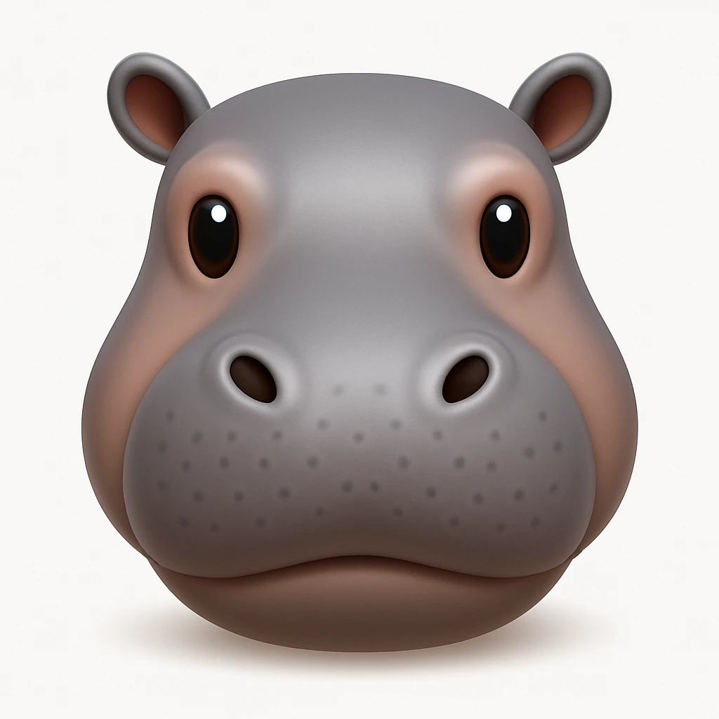 Make a hippo face emoji exactly like the reference image, in iOS emoji style. Same shape, color, and expression, smooth and shiny. Add a soft shadow. emoji