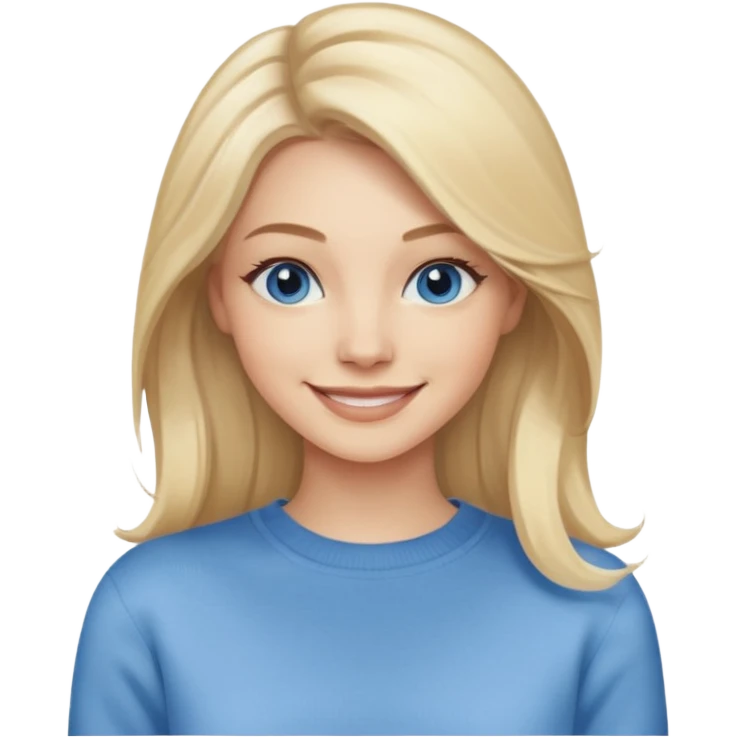 hyper realistic glamourous pale woman, Long blonde balayage hair, smiling, beige sweater & blue eyes emoji