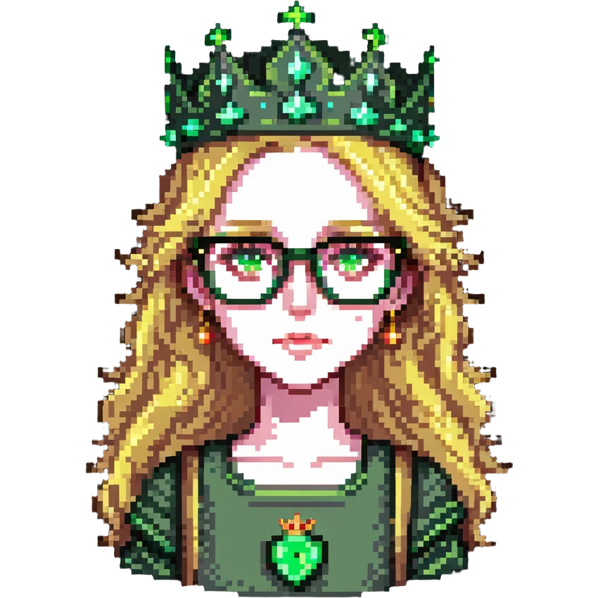 beautiful princess with blonde hair, striking green eyes, wearing glasses and a crown emoji