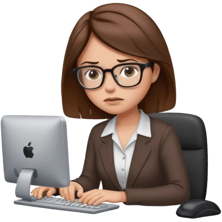 Uma mulher de cabelo castanho que é professora e um pouco brava a trabalhar no computador emoji