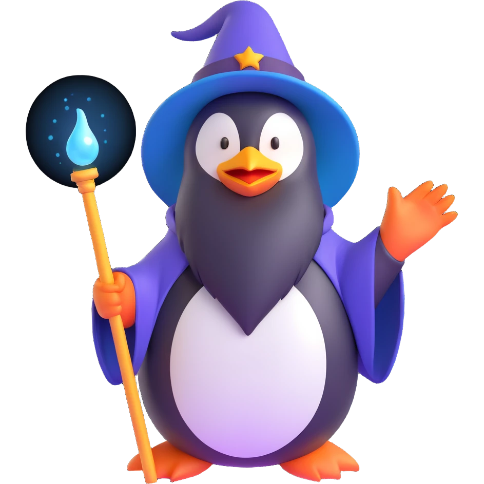 enchanting penguin wizard with a long beard and mystical aura emoji