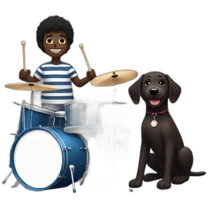 Dark skin guy with slightly receiding hair. Smiling playing the drums. With a black dog with brown stripes, Labrador  for next to him  emoji