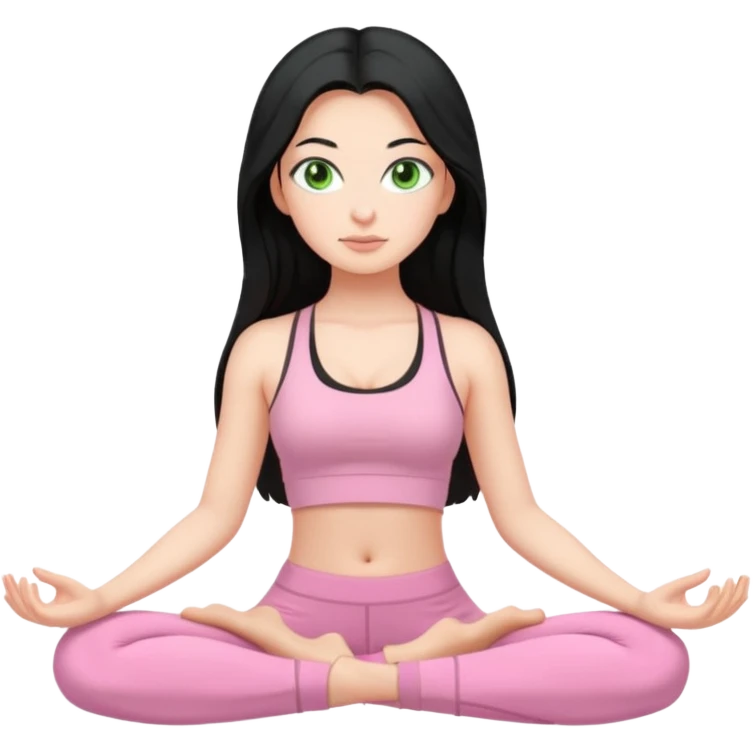 Girl with super long black hair with green eyes doing yoga with light pink clothes emoji