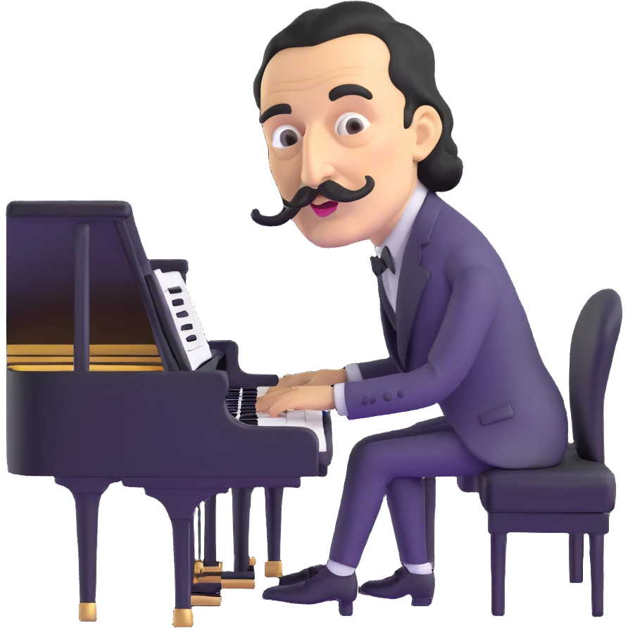 Salvador Dali with his iconic mustache playing a piano emoji
