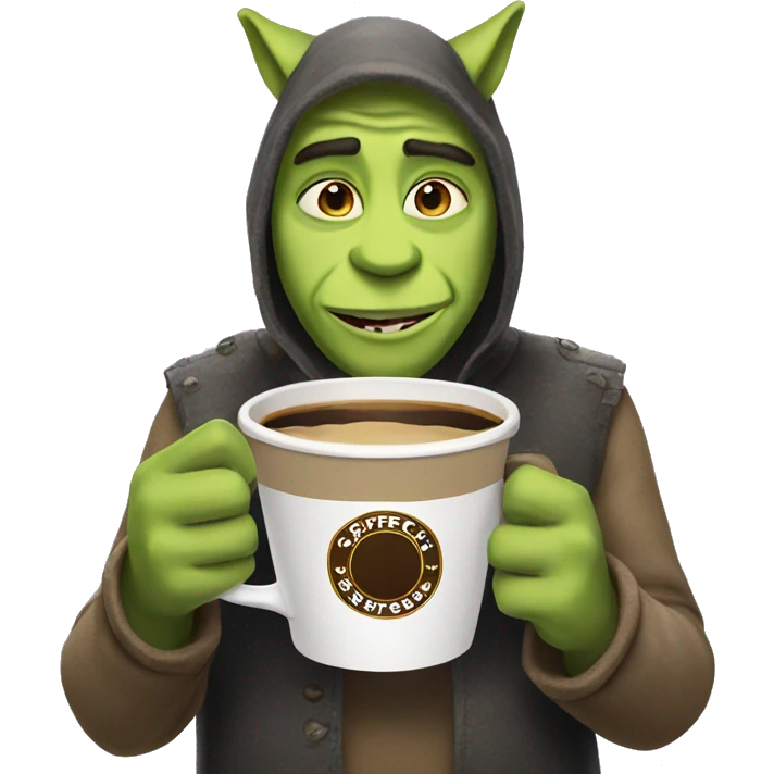 Shreck holding a coffee with cat ears emoji
