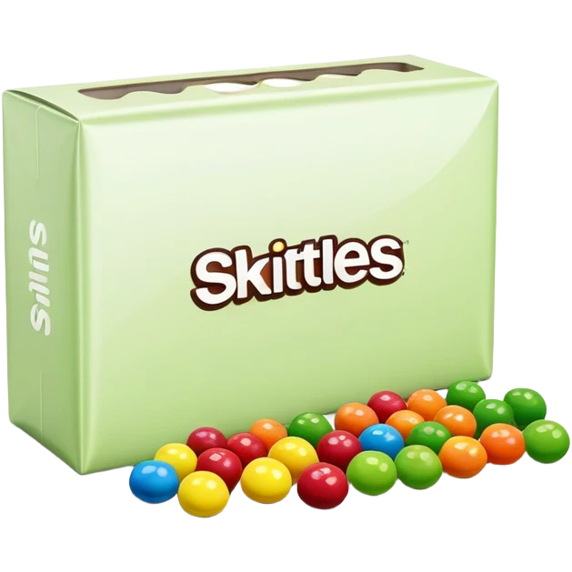 Minimalist flat design of a Skittles package. Rainbow colored simple rectangular package with just a few green round candies. Clean lines and minimal details. emoji