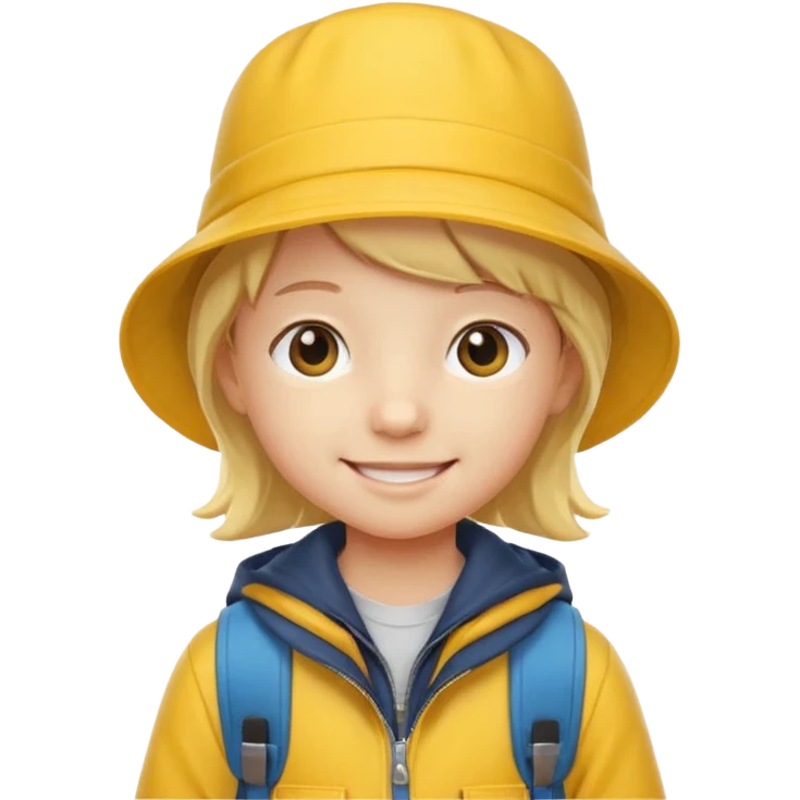 Little student wears yellow bucket hat and jacket, backpack, happy emoji