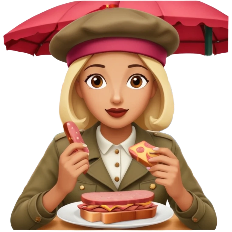  paris woman eating SPAM meat at french spam cafe landscape  emoji