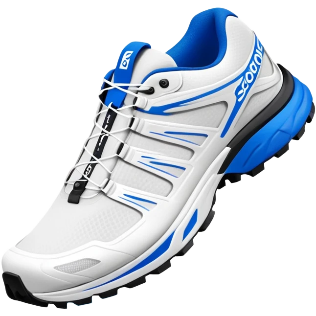 Minimalist white Salomon XT-6 shoes with only a blue colored line running through the middle, one shoe positioned behind the other, pure white everywhere else, iOS emoji style emoji