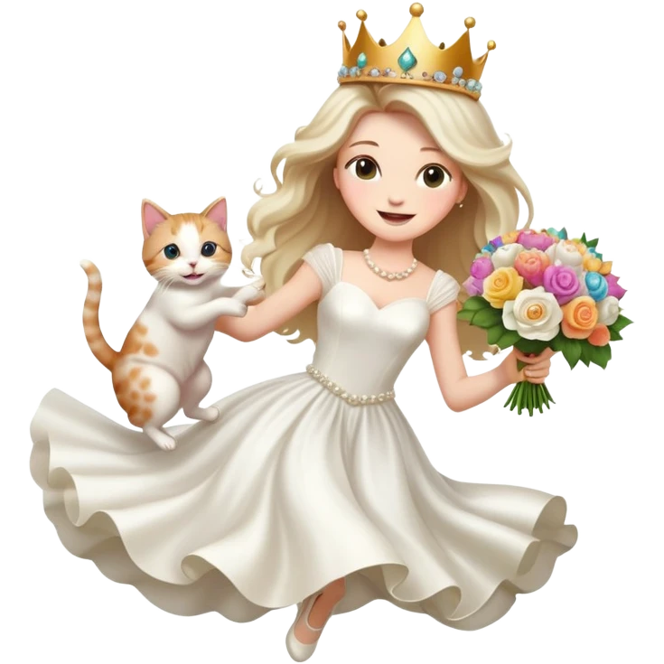 White woman - long hair - white wedding dress - holding a kitten - happy - jumping - stylish - elegant - bouquet - dreamy - colorful - wearing a crown - pearl accessories emoji