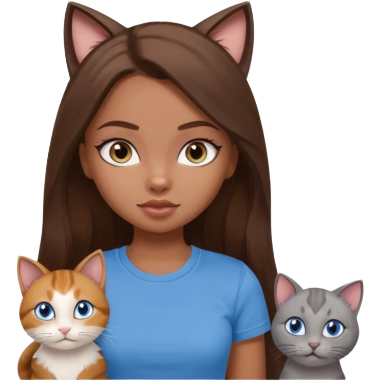 a pretty bratz dusky girl with long brown hair, blue eyes with six cats nd wearing a grey tshirt emoji