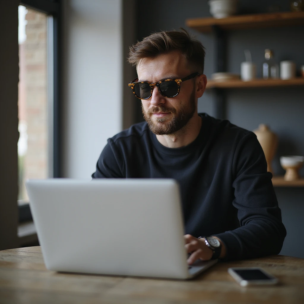 a guy wearing a cool sunglasses working on laptop emoji