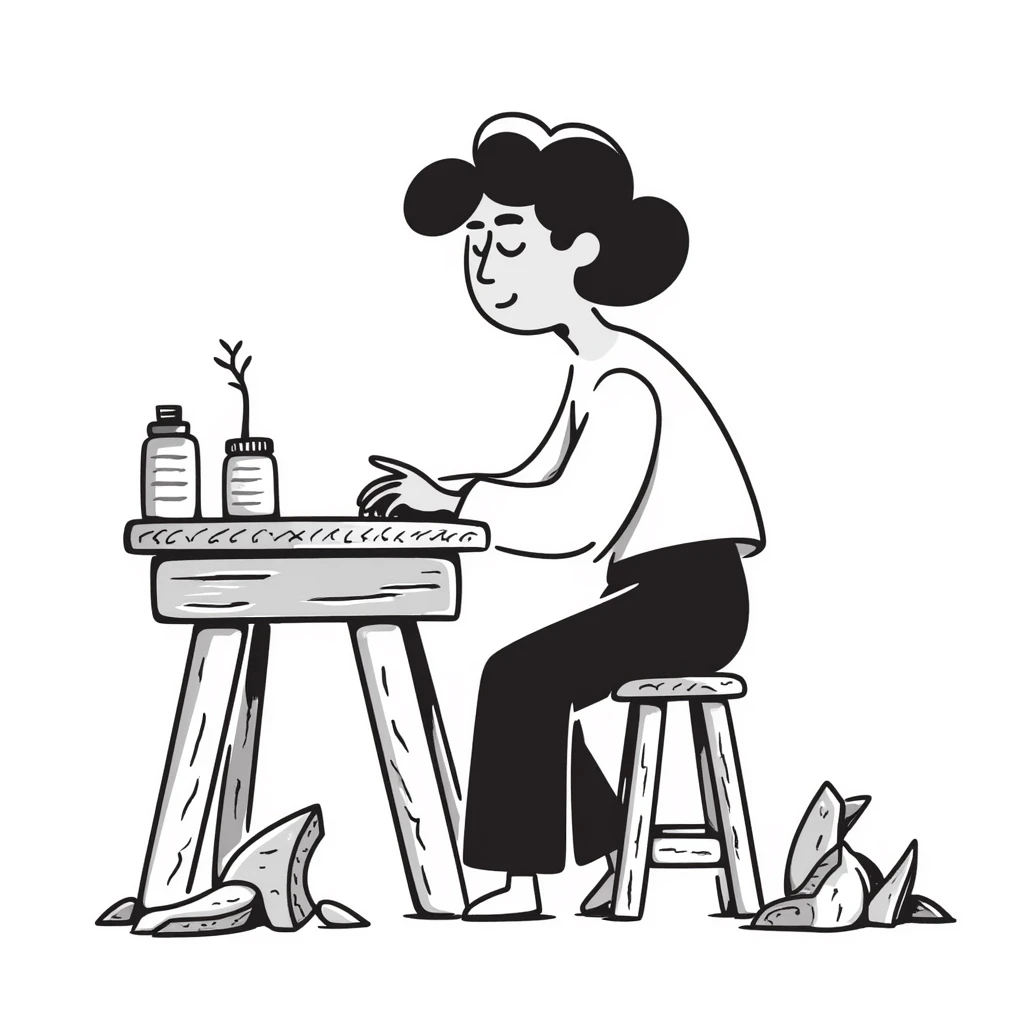 experienced furniture maker at workbench, expressive lines emoji