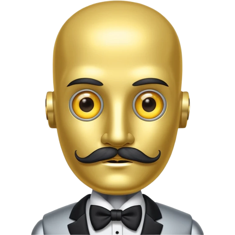 robot with thick moustache, no hair, yellow eyes without pupils, wearing a tuxedo, buff emoji