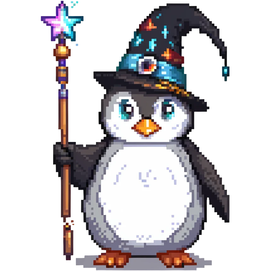 penguin wizard with magic wand and wizard hat emoji