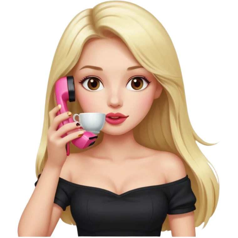 exaggerated features of woman with straight long blond hair, gossiping on a pink analogue phone, holding a tea cup, wearing an off-shoulder black top, red face emoji