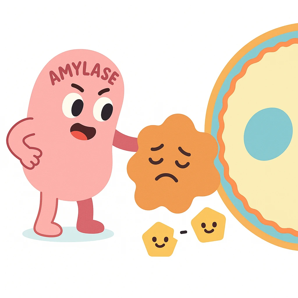 Ultra-detailed illustration of enzyme digestion: amylase breaking starch into sugars near a cell membrane. Clean white background, no text. Scientific but simple emoji