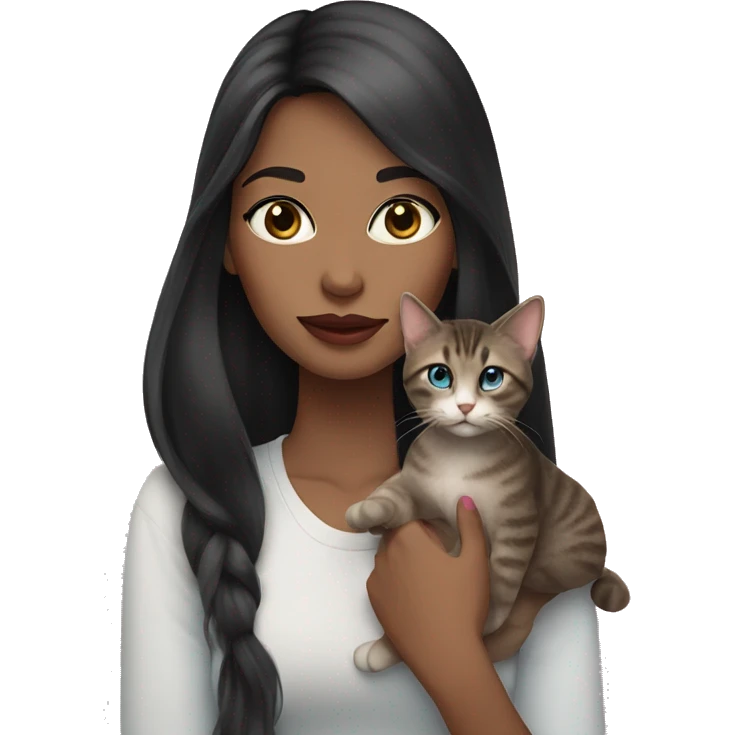 Woman with dark long hair, pink lips and blue eyes holding a tabby cat  emoji