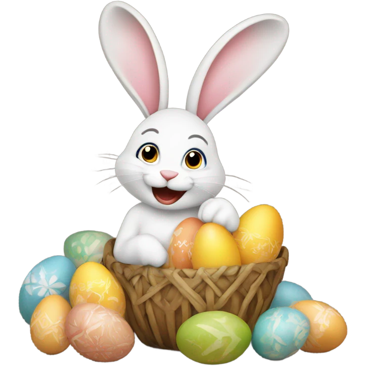 Happy eastern with a bunny holding eggs emoji