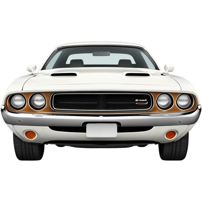 White 1971 Dodge Challenger at 30-degree three-quarter view, detailed front headlights and grille visible, sleek all-white exterior, simplified iOS emoji style emoji