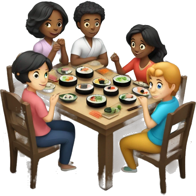 English family of 7 members eating sushi together at kitchen table emoji