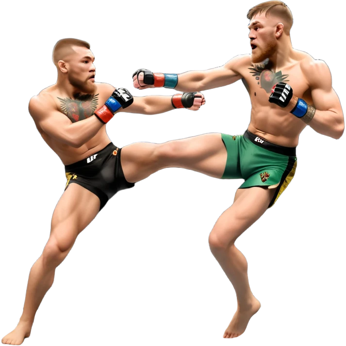 An MMA showdown between Conor McGregor and Anderson Silva in the octagon. McGregor is executing a powerful jumping strike, while Silva is expertly blocking the attack with his forearm. The background features the UFC octagon, fans in the distance, and dynamic action. Transparent background emoji