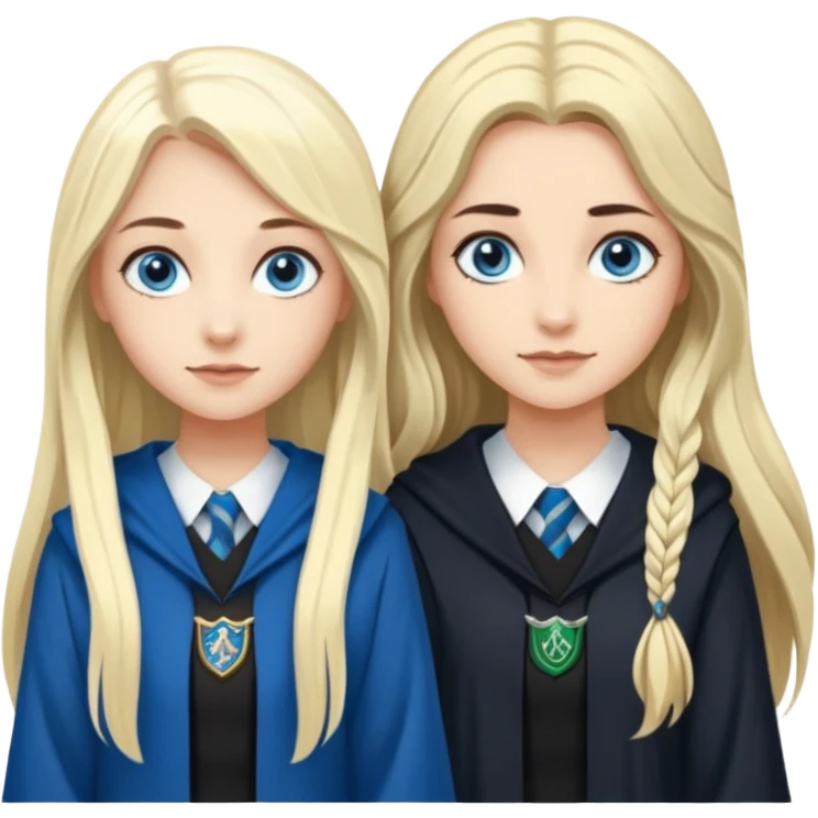 a pretty ravenclaw girl with long dark brown hair and blue eyes standing with a pretty Slytherin girl with long blonde hair, blue eyes emoji